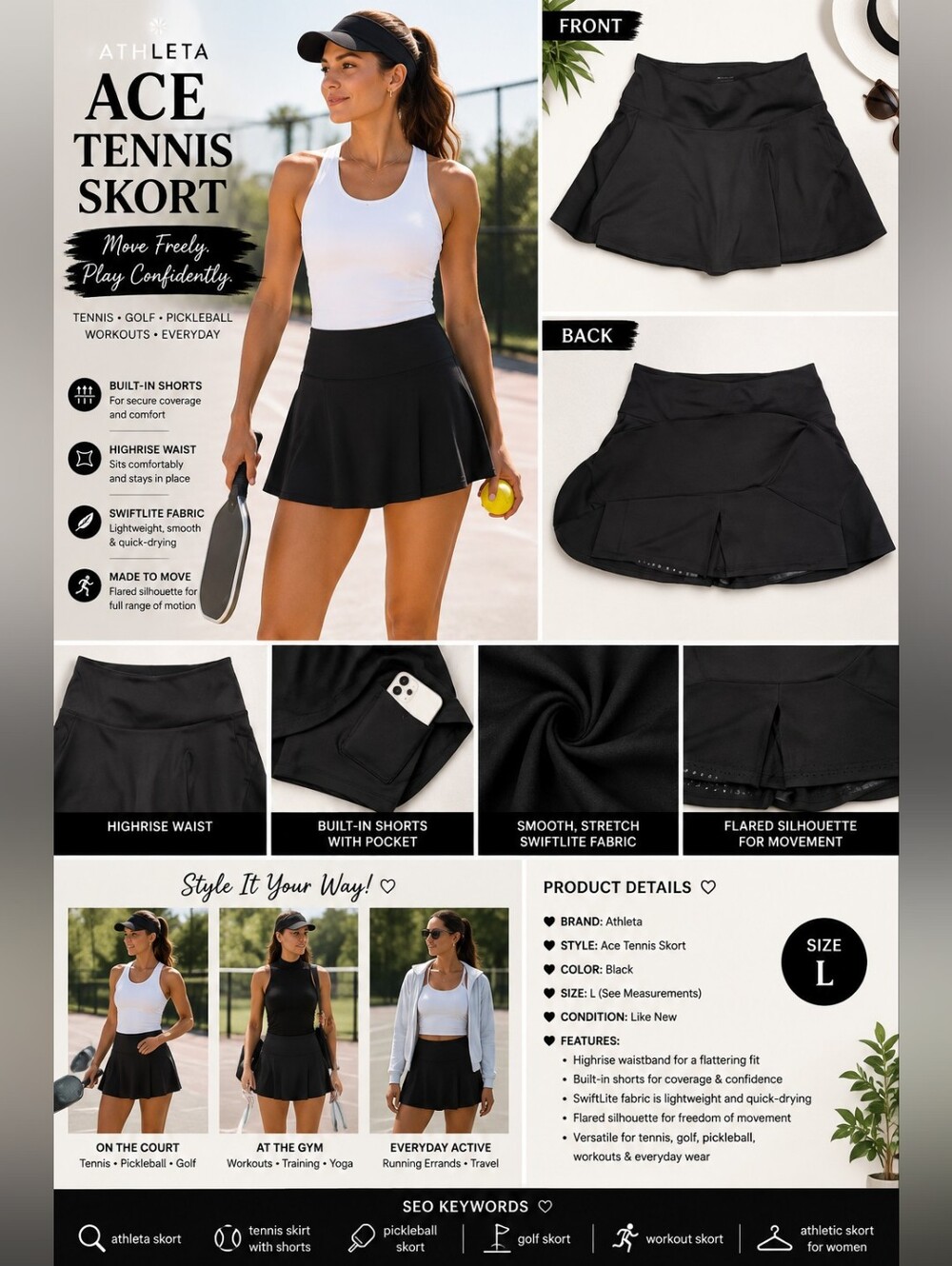 Athleta Ace Tennis Skort Black High Rise Built In Shorts Pickleball Golf Large